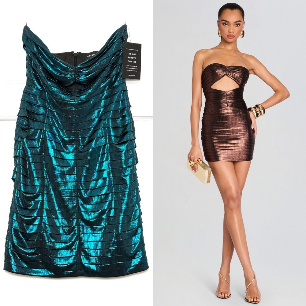 NWT RETROFETE Metallic Teal Lamé Strapless Cutout Sweetheart Neck Mini Dress S